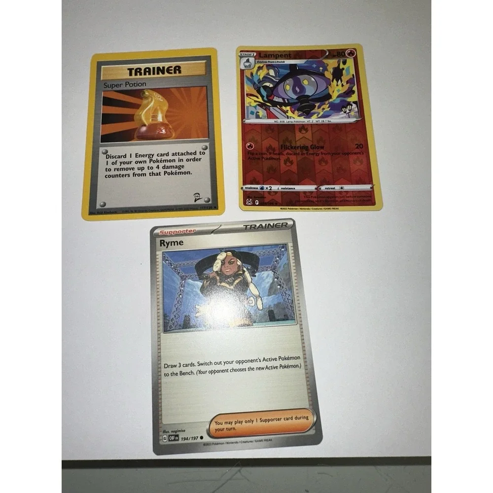 3 miscut / misprint pokemon cards ryme, super potion,‎ lampent, lp-dmg